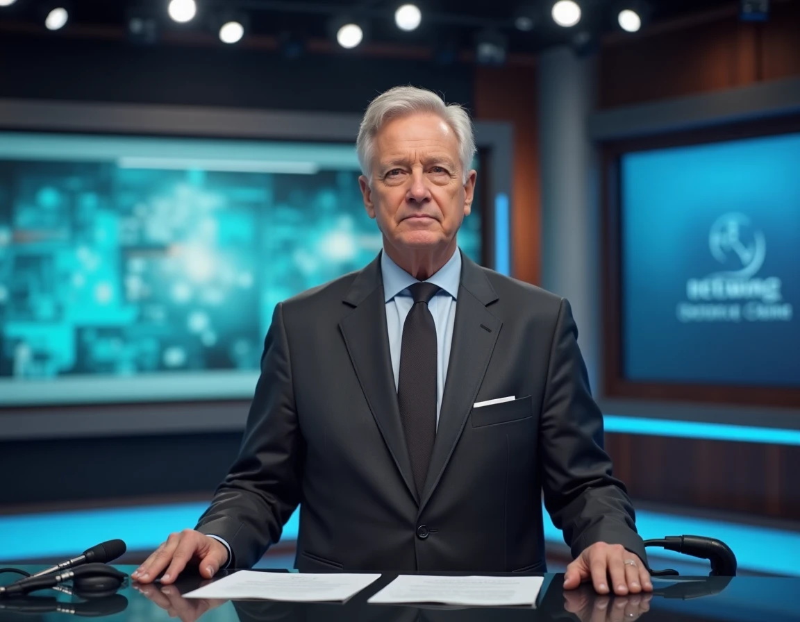 Journaliste politique dans un studio de télévision devant un bureau d'antenne avec des micros et des écrans en arrière-plan