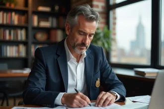 Journaliste politique masculin travaillant dans une salle de rédaction classique avec des documents de presse et un ordinateur portable