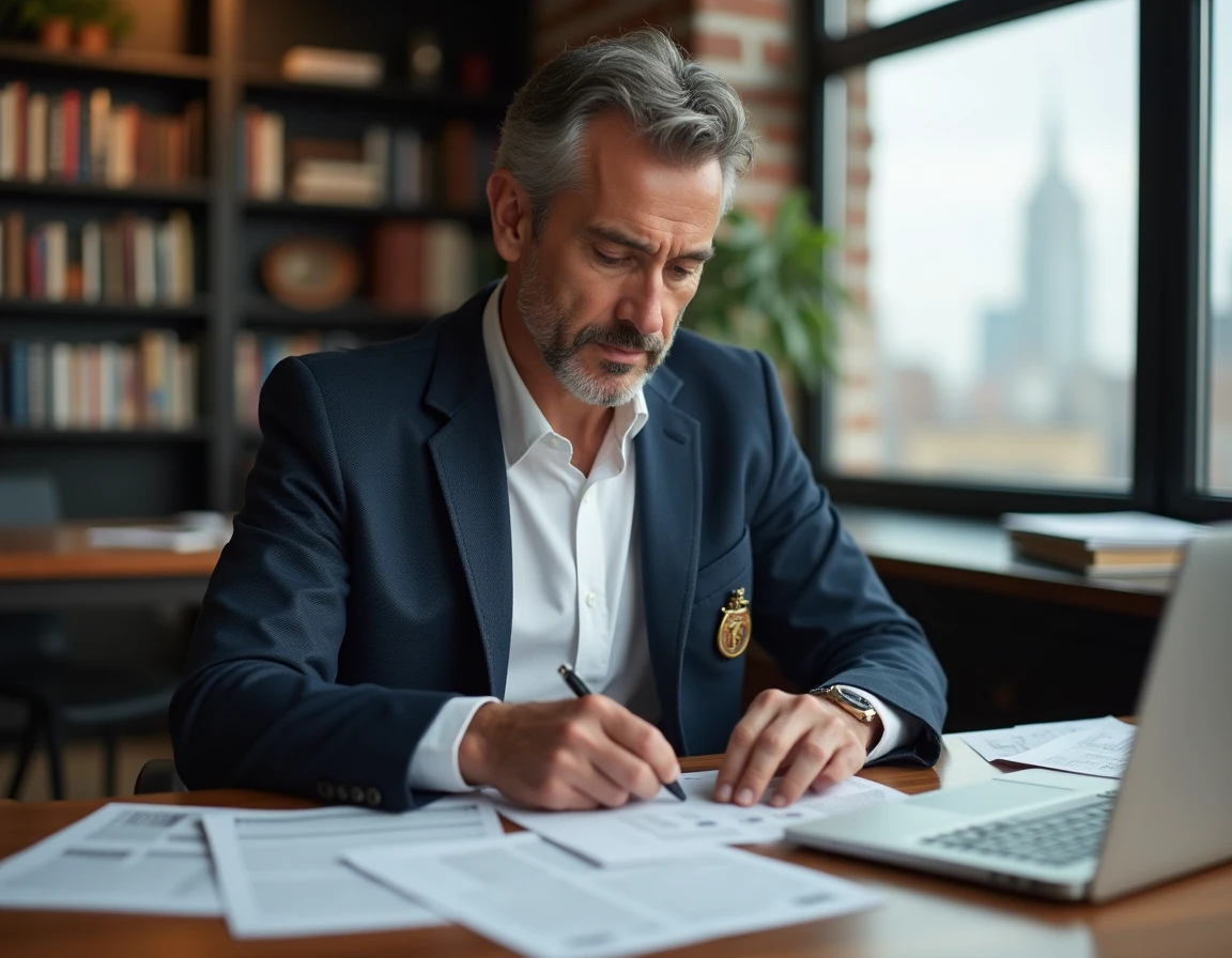Journaliste politique masculin travaillant dans une salle de rédaction classique avec des documents de presse et un ordinateur portable