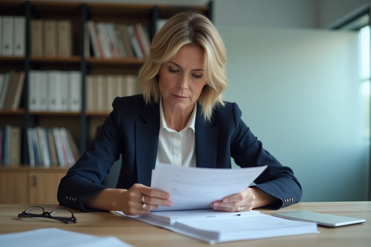 Femme juriste examinant des documents officiels relatifs à la dissolution ou fusion d'une association dans un bureau administratif
