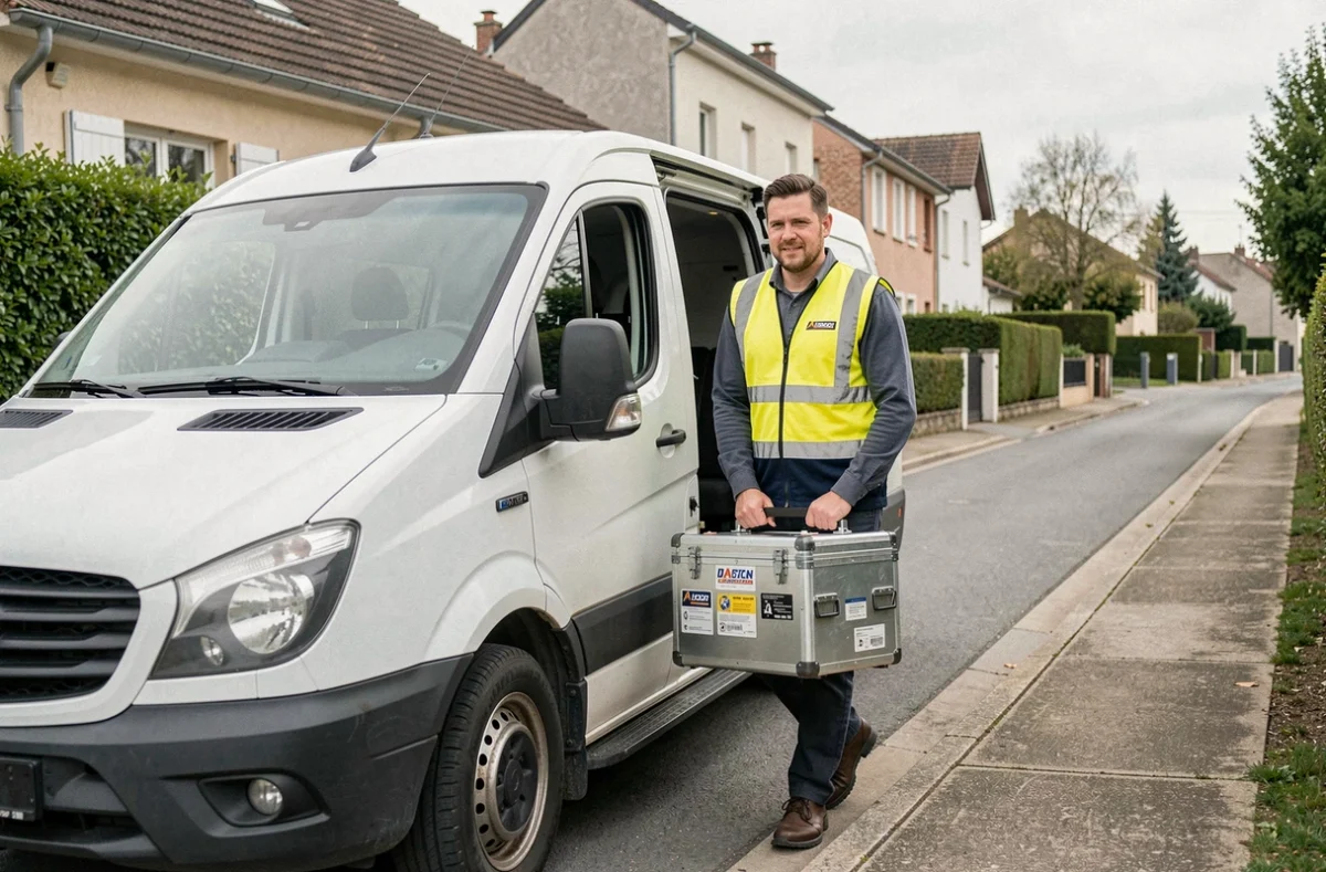 Technicien de KMS Dépannage à Lay-Saint-Christophe arrivant sur un chantien avec son véhicule d'intervention