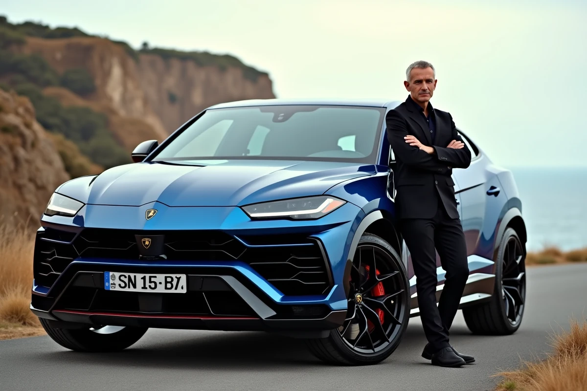 Lamborghini Urus bleue métallisée garée sur une route côtière avec un homme en tenue monochrome appuyé contre la portière