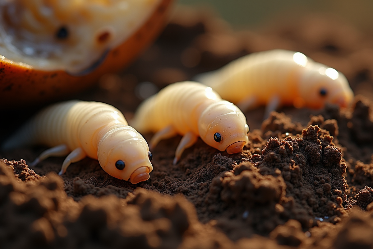 Plusieurs larves blanches dans la terre près d’un fruit en décomposition