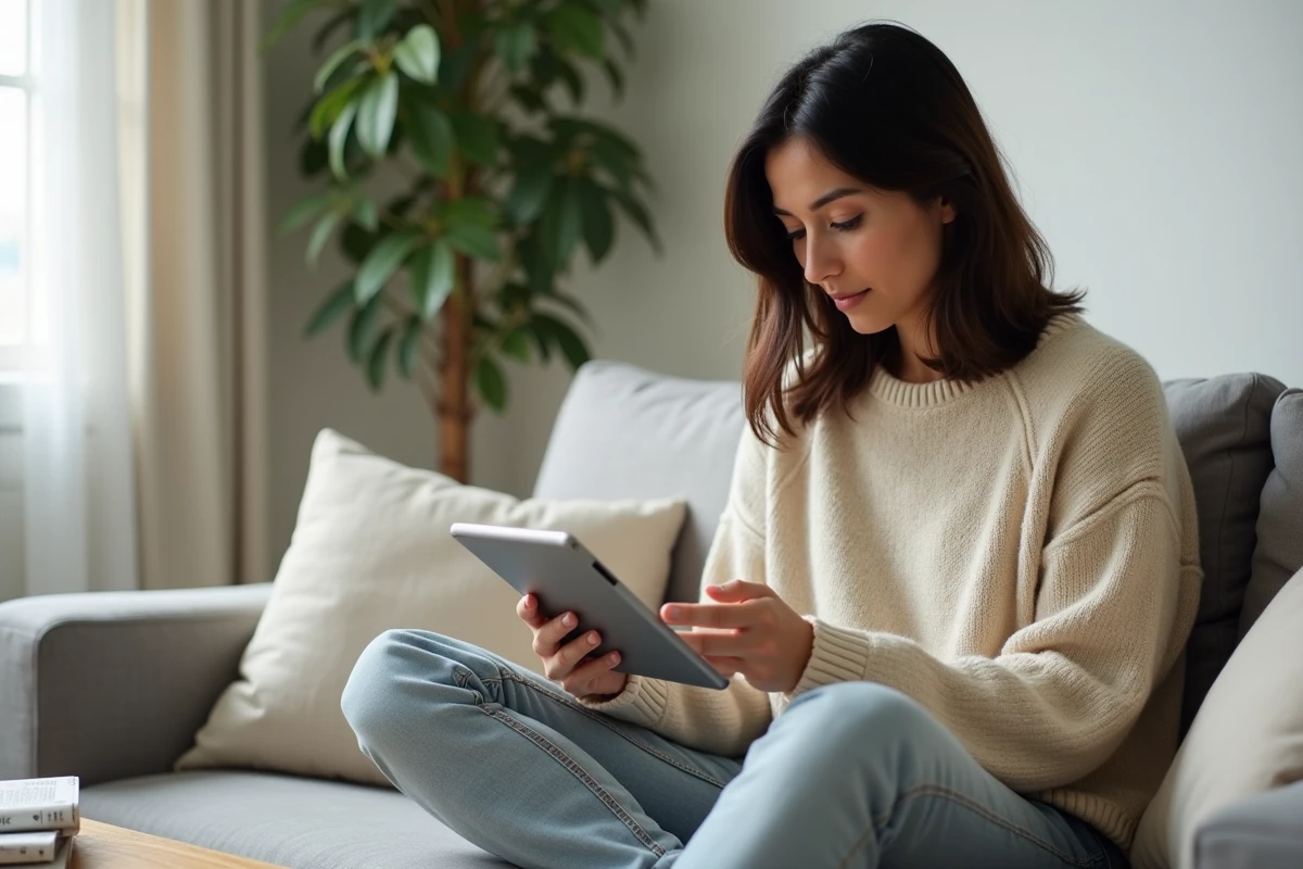 Femme lisant un magazine numérique sur tablette depuis un canapé confortable, illustrant la lecture en ligne sur bookys.com