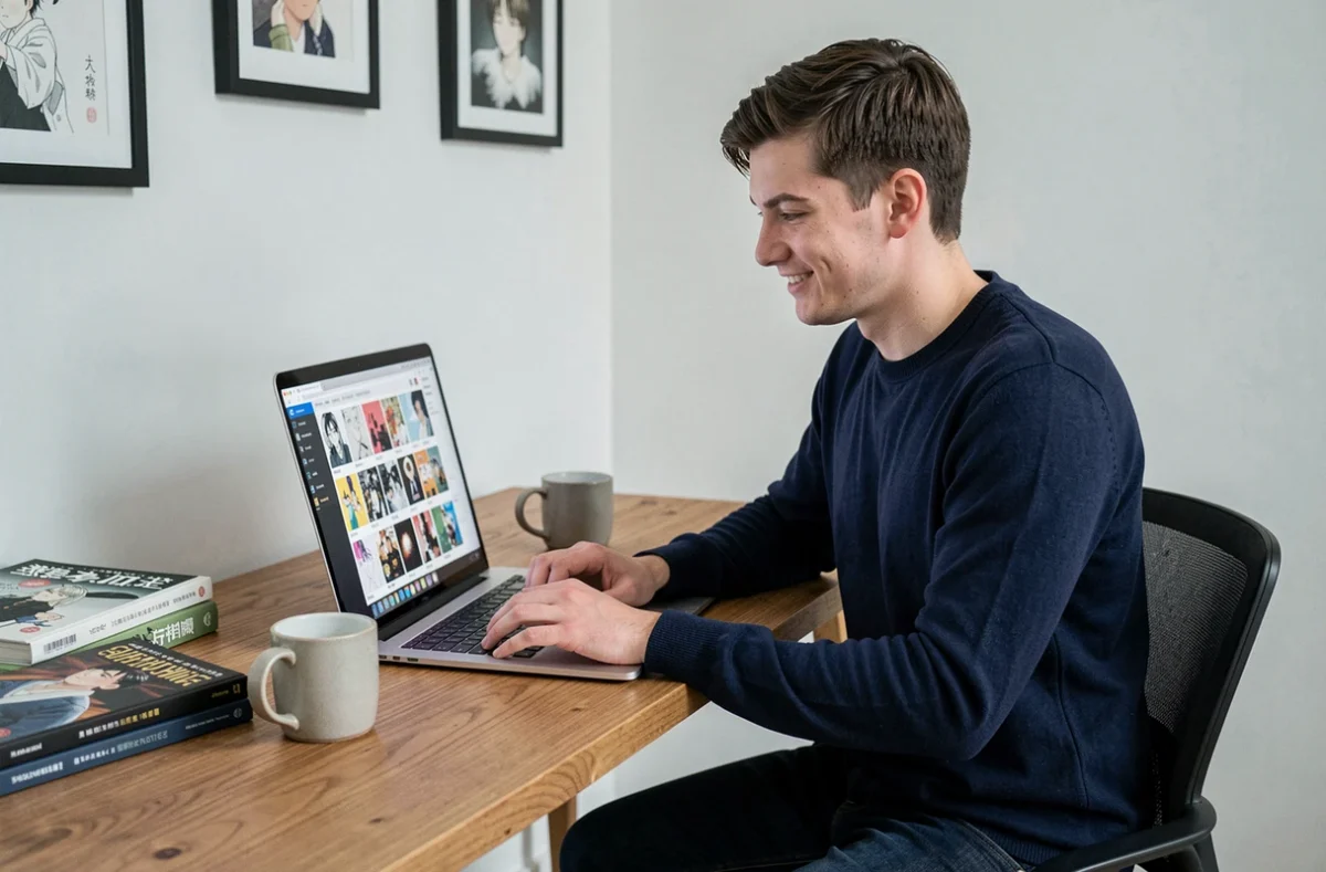 Jeune homme consultant une plateforme de lecture manga légale sur ordinateur portable dans un bureau minimaliste