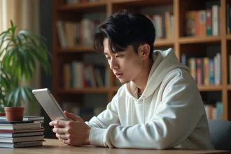 Jeune homme lisant One Punch Man sur une tablette numérique entouré de mangas japonais dans un bureau cosy