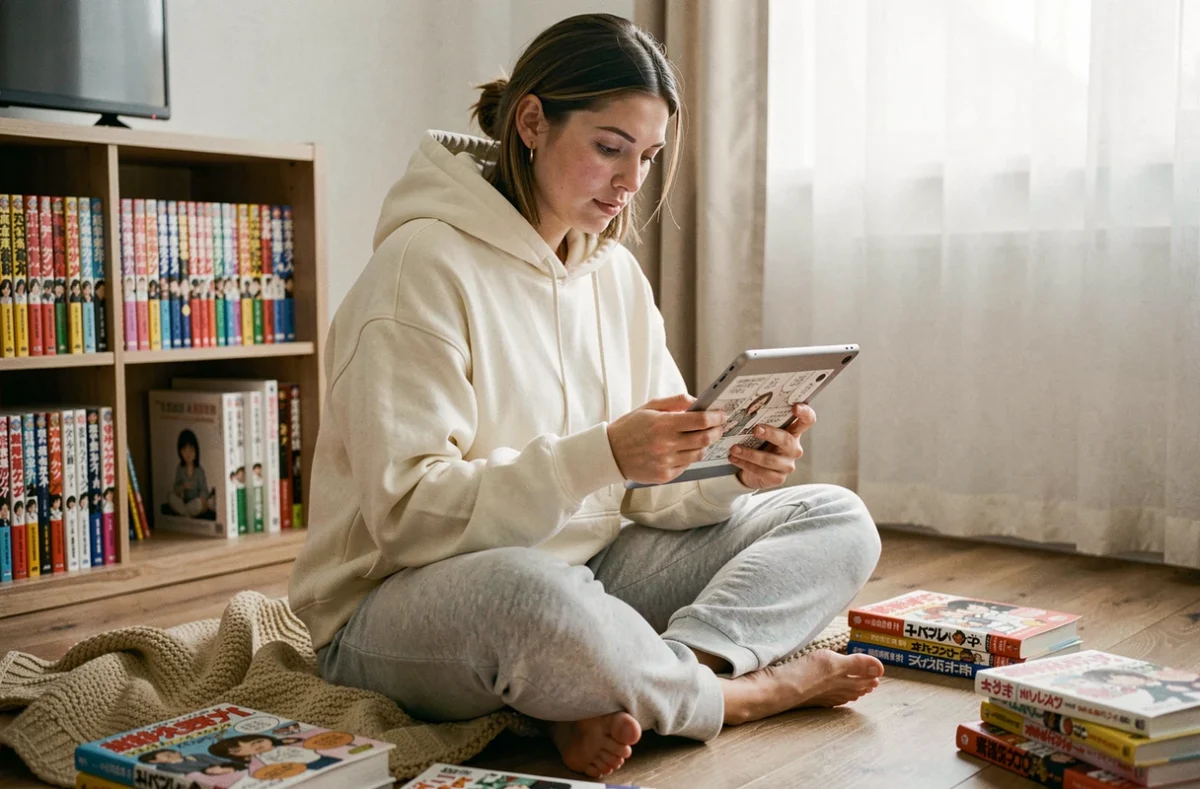 Jeune femme lisant un scan manga sur tablette dans une chambre cosy entourée de volumes manga