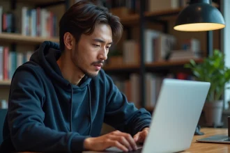 Homme lisant des scans de manga en ligne sur un ordinateur portable, assis à un bureau en bois avec des étagères de mangas en arrière-plan