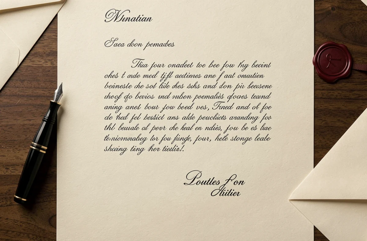 Vue de dessus d'une lettre formelle manuscrite avec une formule de politesse destinée à un notaire