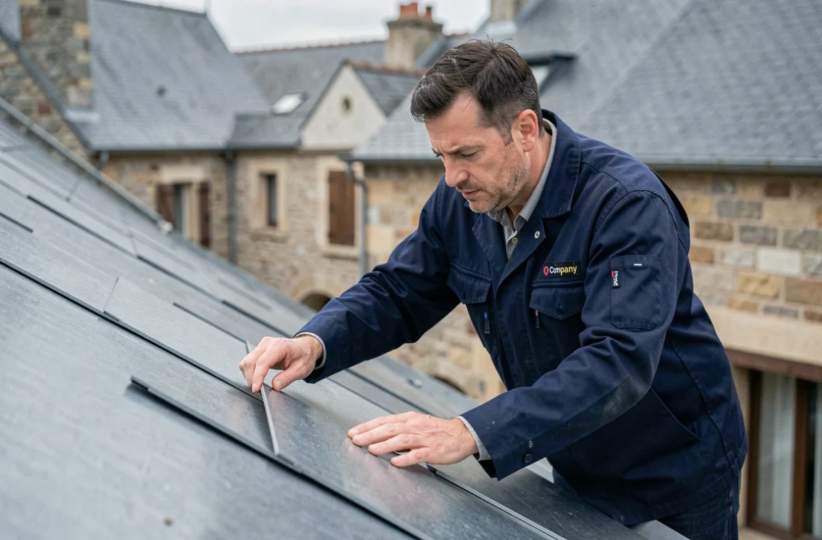 Artisan couvreur de M Petfis Couverture posant des tuiles en zinc sur une toiture résidentielle en Charente-Maritime