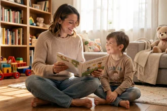 Mère et enfant assis sur le parquet à lire un livre de comptines ensemble dans un salon familial chaleureux