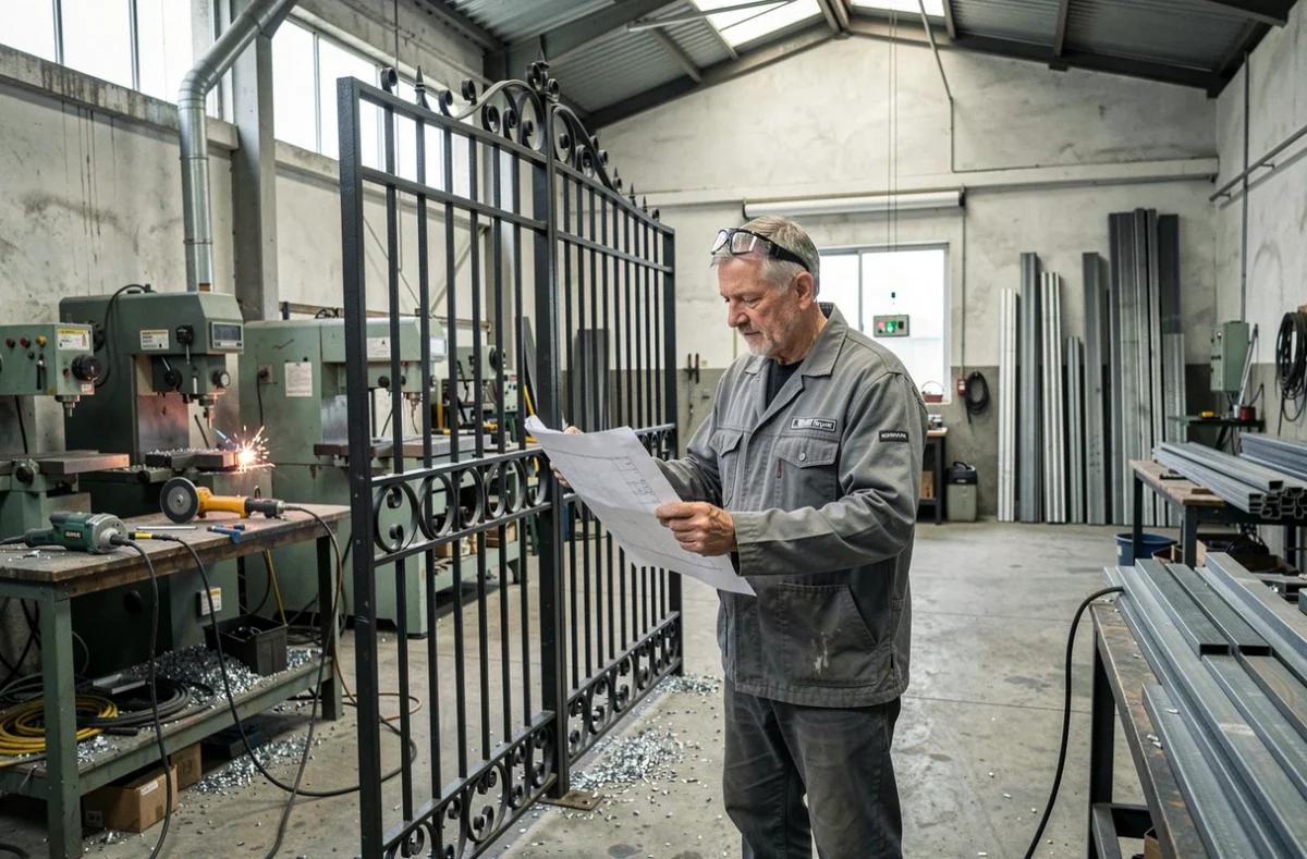 Métallier de Metallerie Megret debout près d'un portail en fer forgé fabriqué dans son atelier de métallerie