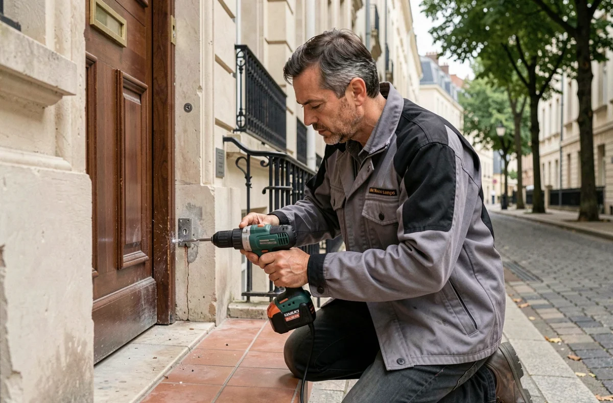 Michel Serrurerie à Nancy intervenant au perçage d'un cylindre endommagé sur une porte de maison de ville