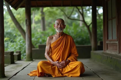 Vieux moine bouddhiste thaïlandais en méditation dans un monastère forestier modeste, illustrant l'humilité et le refus des titres honorifiques comme Luang Por