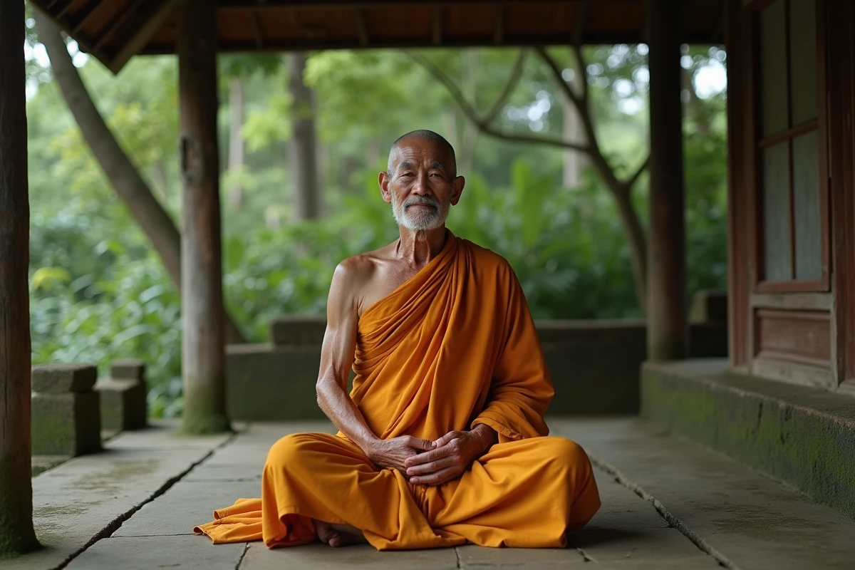 Vieux moine bouddhiste thaïlandais en méditation dans un monastère forestier modeste, illustrant l'humilité et le refus des titres honorifiques comme Luang Por