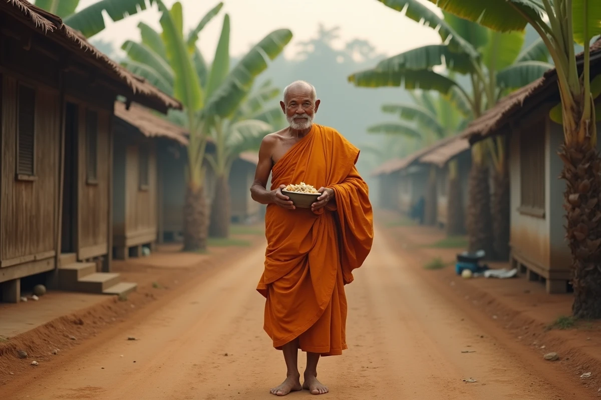 Moine thaïlandais vénéré effectuant la collecte d'aumônes dans un village rural, symbole de l'humilité spirituelle et du refus des distinctions honorifiques