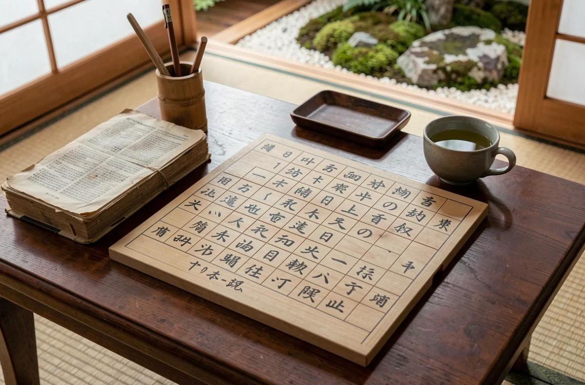 Mots fléchés avec noms de villes japonaises en kanji posés sur une table basse japonaise dans une pièce en tatami