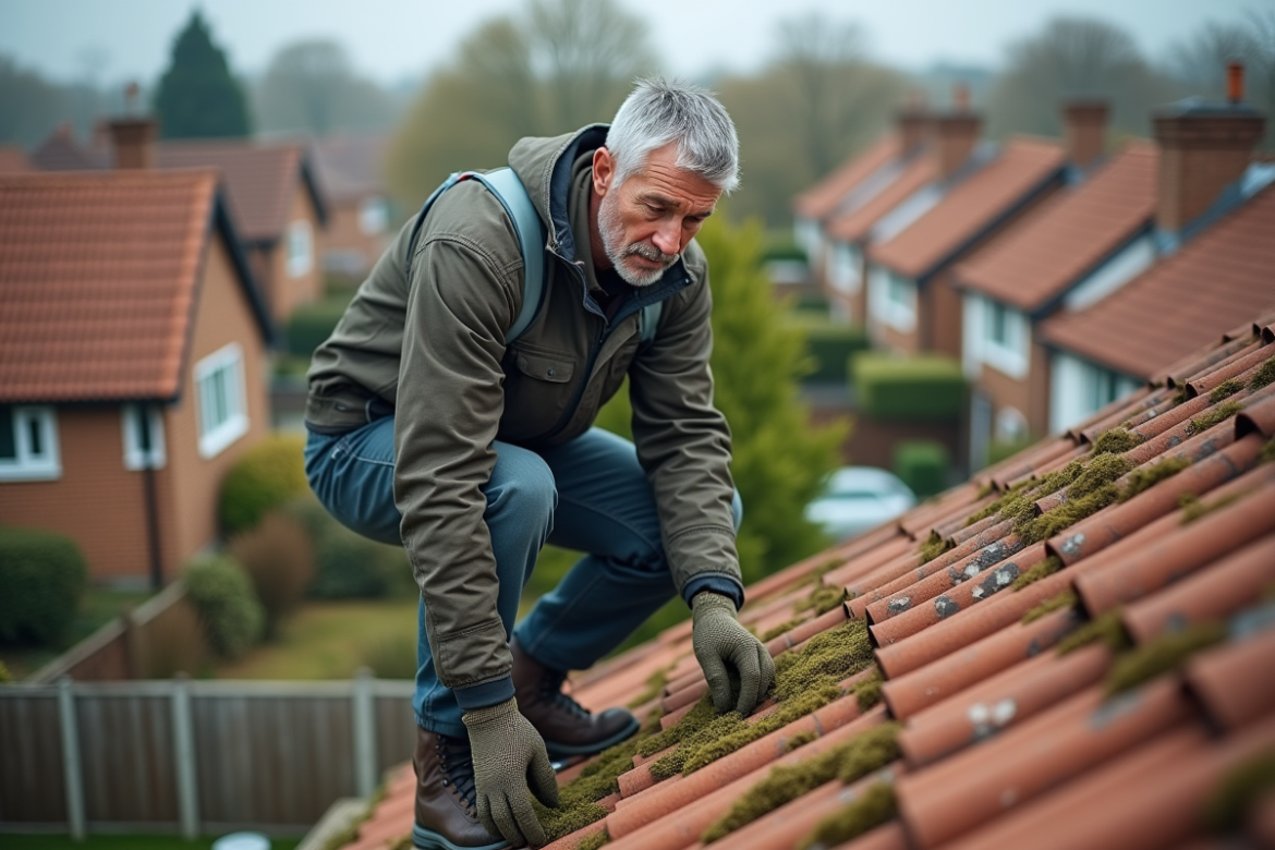 Homme en travail sur un toit en tuiles inspectant la mousse