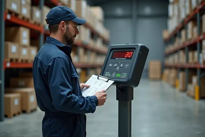 Ouvrier logistique vérifiant une conversion de tonnes en kilogrammes sur une balance industrielle dans un entrepôt
