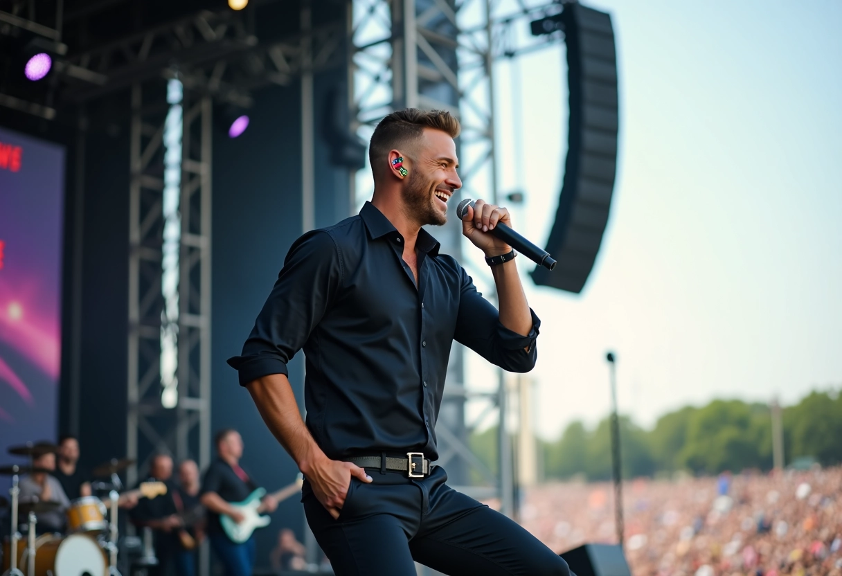 Chanteur en performance live avec micro sur scène