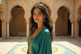 Jeune femme en costume inspiré de la princesse Jasmine dans une cour de palais orientale avec architecture en pierre sculptée