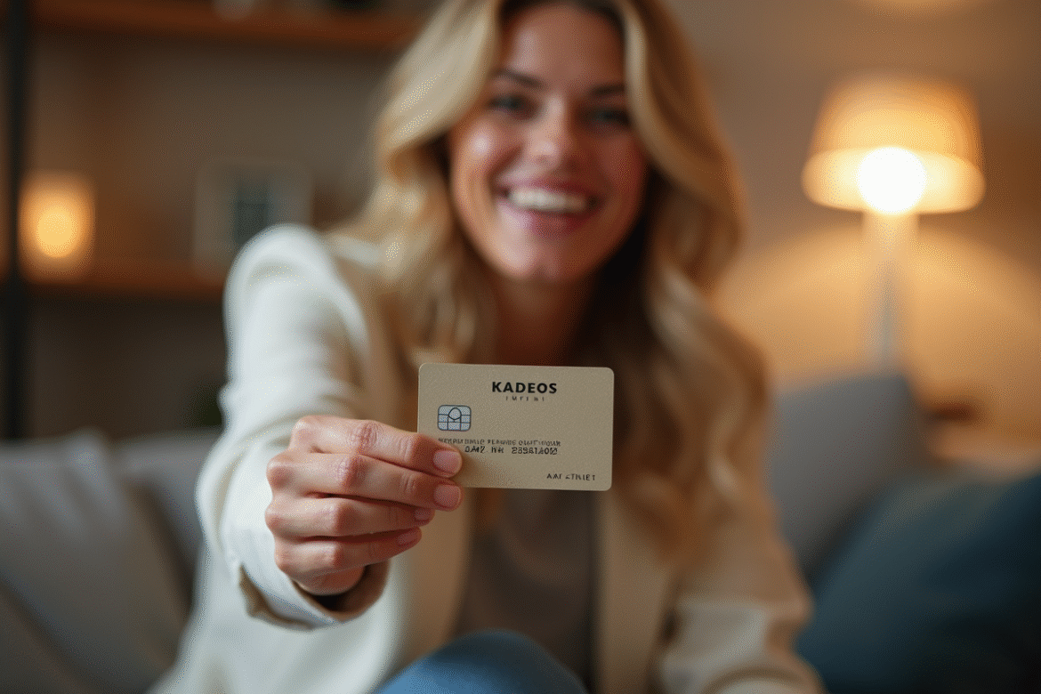 Personne souriante tenant une carte cadeau Kadeos Infini dans un salon lumineux