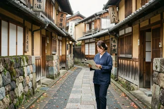 Ruelle traditionnelle d'une petite ville japonaise avec maisons en bois machiya et femme consultant une carte papier en automne