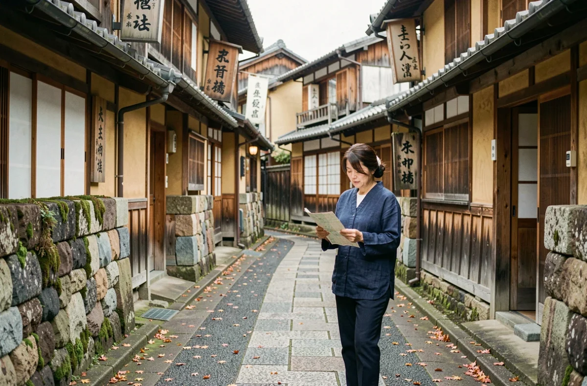 Ruelle traditionnelle d'une petite ville japonaise avec maisons en bois machiya et femme consultant une carte papier en automne