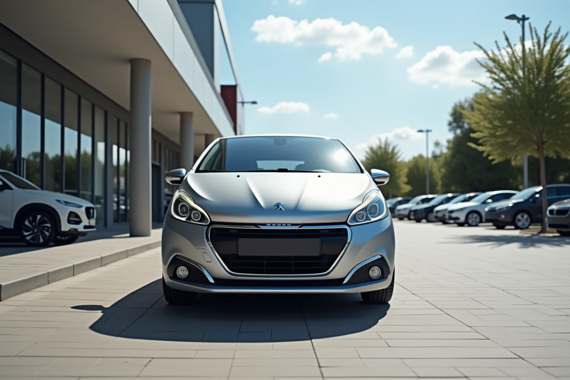 Voiture Peugeot 208 argentée devant concession