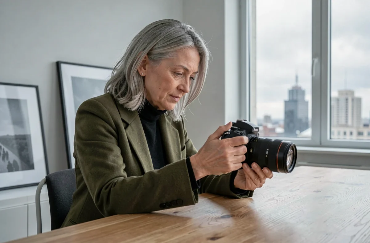 Photographe femme expérimentée révisant ses clichés dans un studio photo minimaliste moderne