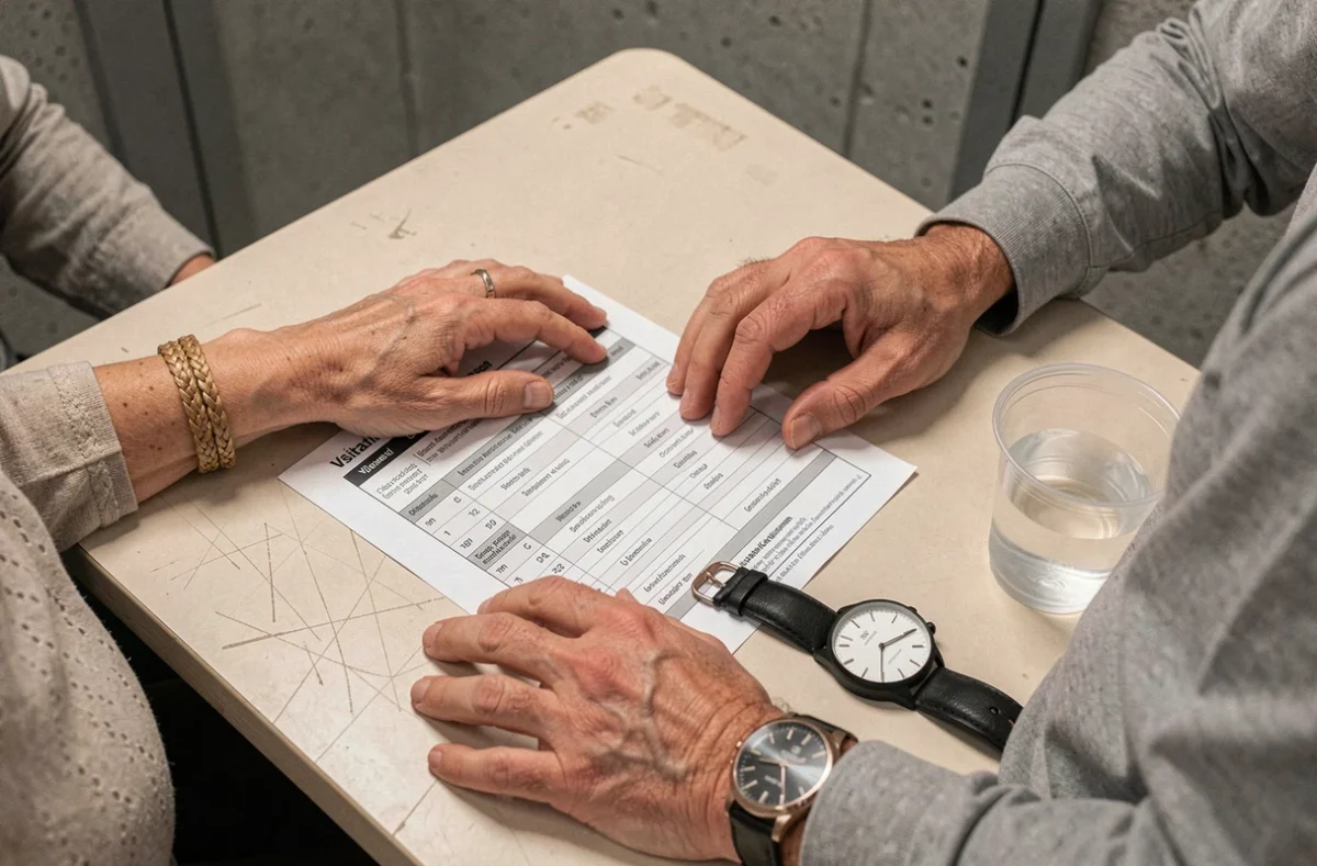 Mains posées sur une table avec un planning de parloir imprimé et une montre indiquant l'heure du rendez-vous
