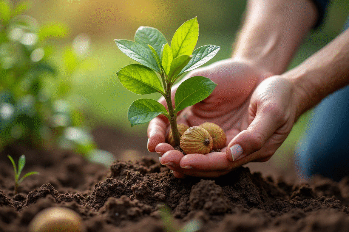 Mains de jardinier plantant un jeune arbre de noix en terre humide