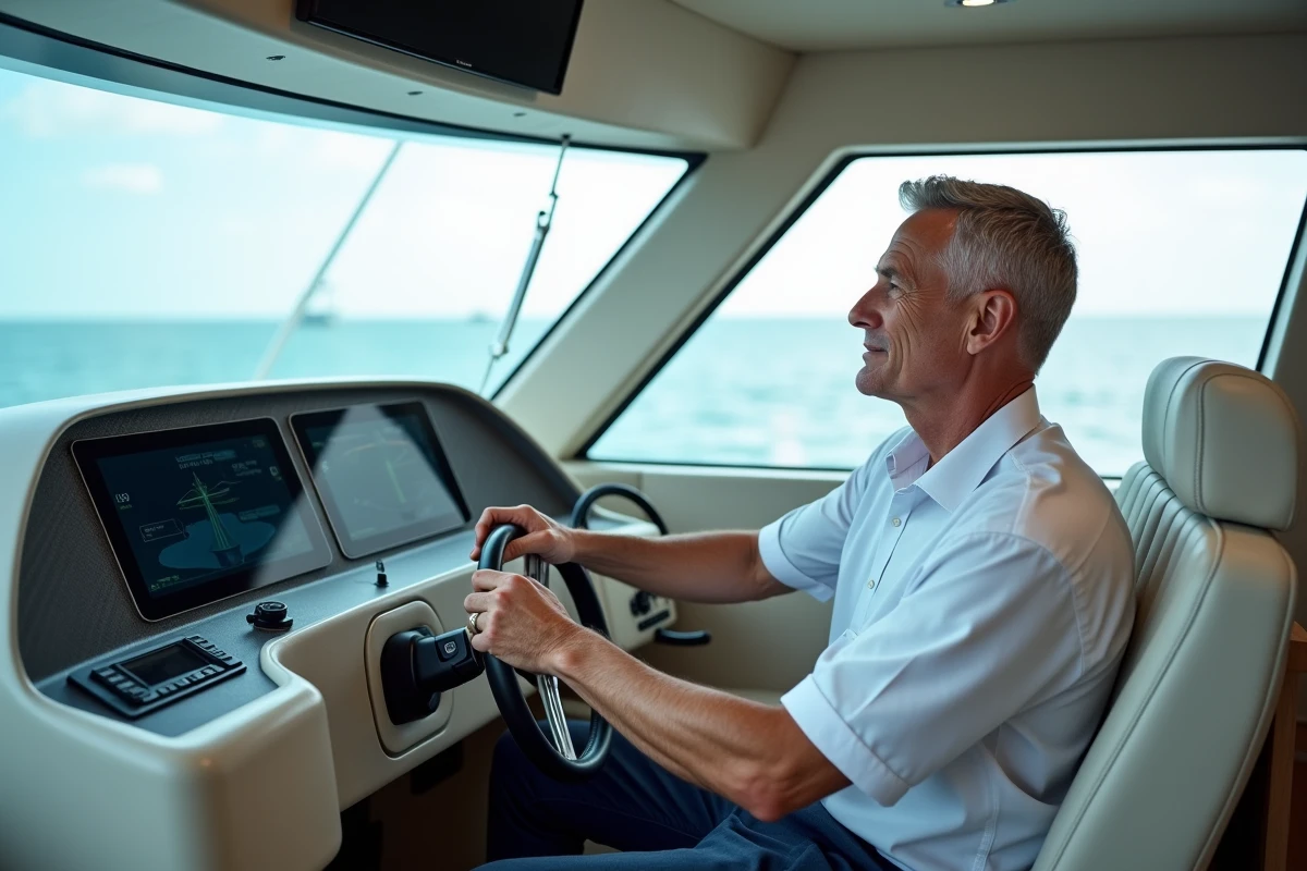 Intérieur du poste de pilotage d'un yacht de luxe avec tableau de bord carbone et capitaine tenant la barre