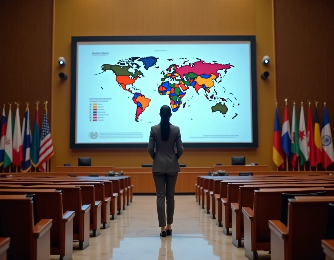Experte internationale présentant une carte de l'indice de développement humain dans un auditorium de l'ONU