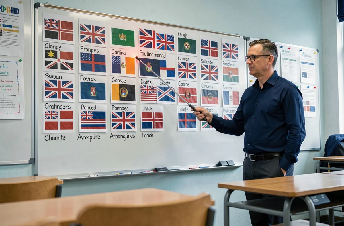 Professeur devant un tableau de classe présentant les noms des drapeaux en anglais lors d'un cours de langue