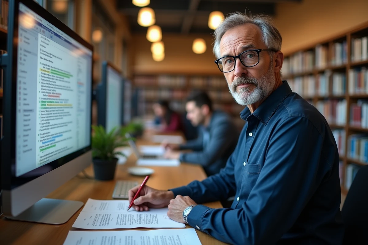Professeur universitaire analysant les modifications d'une encyclopédie collaborative sur un écran dans une bibliothèque
