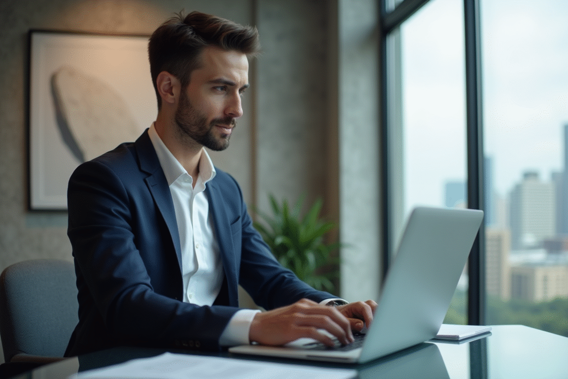 Jeune homme d'affaires en réunion avec un dashboard blockchain