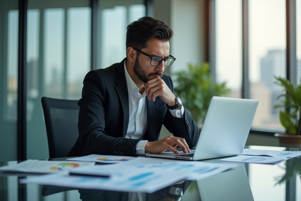 Professionnel en finance travaillant concentré à son bureau
