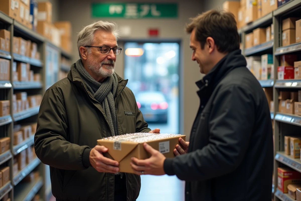 Homme recevant un colis fragile dans une boutique urbaine