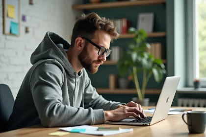 Un homme cherchant un lien en ligne sur son ordinateur portable dans un bureau à domicile en 2026