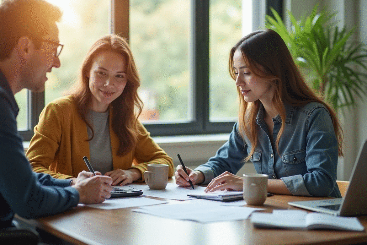 Jeune couple rencontrant un banquier dans un bureau lumineux