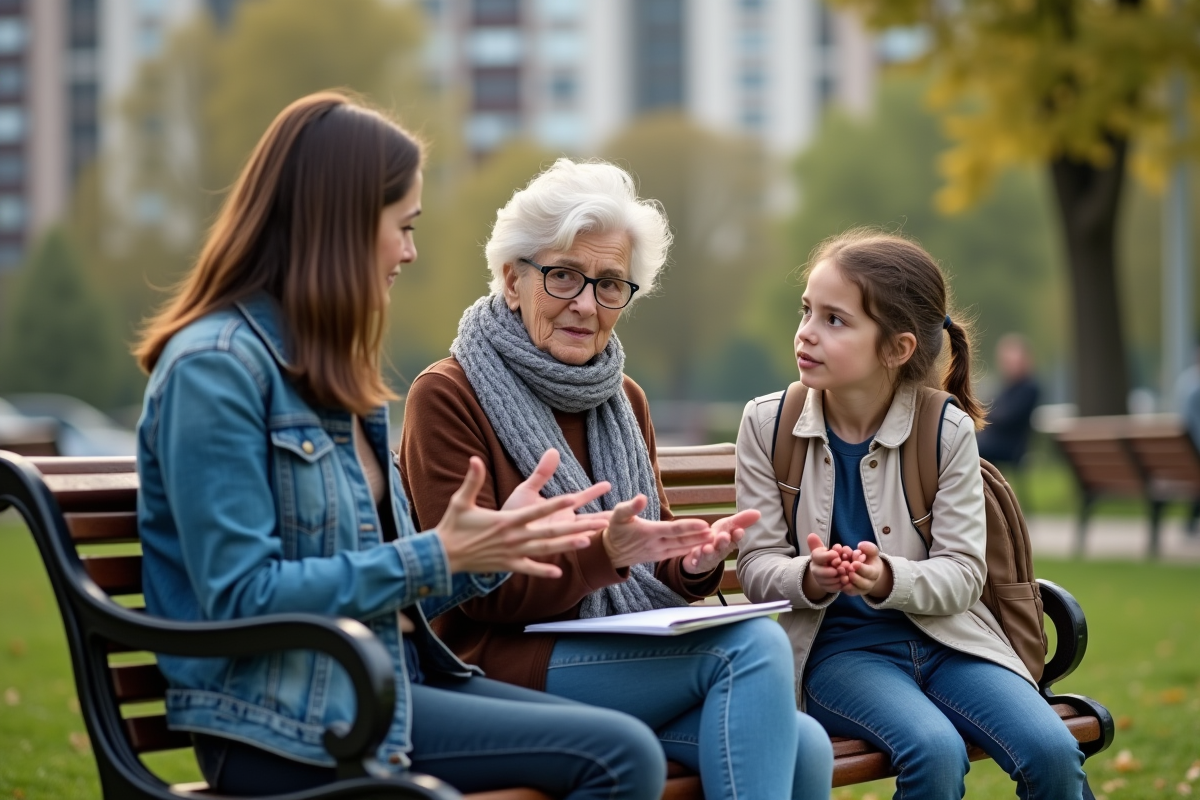 Famille intergenerationnelle assise dans un parc urbain