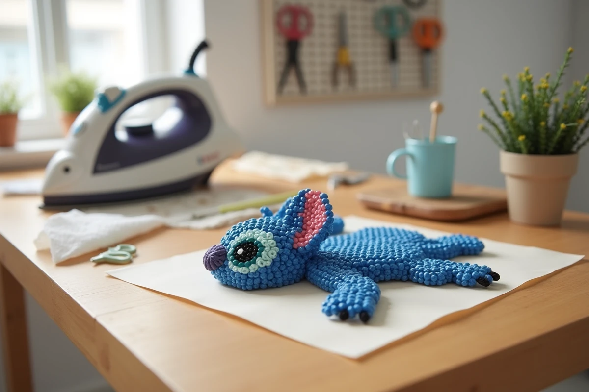 Modèle perles à repasser Stitch terminé et repassé posé sur une table de loisirs créatifs avec fer à repasser et papier sulfurisé