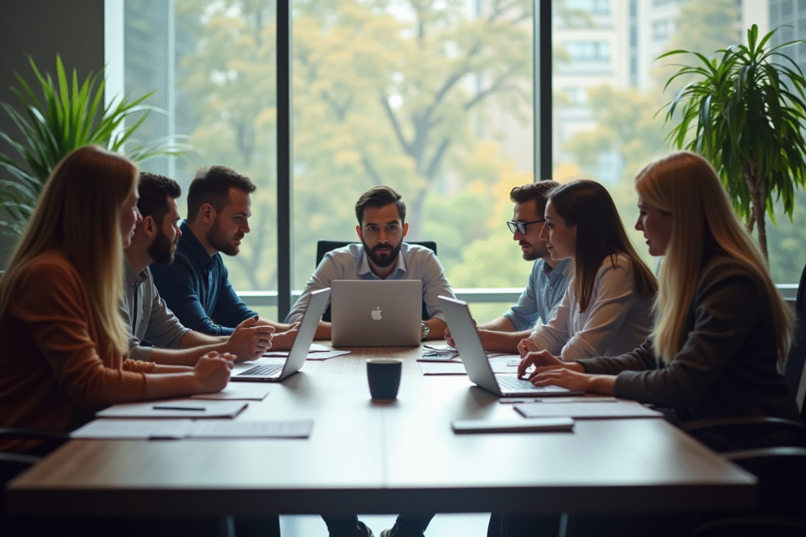 Groupe de professionnels en réunion brainstorming dynamique