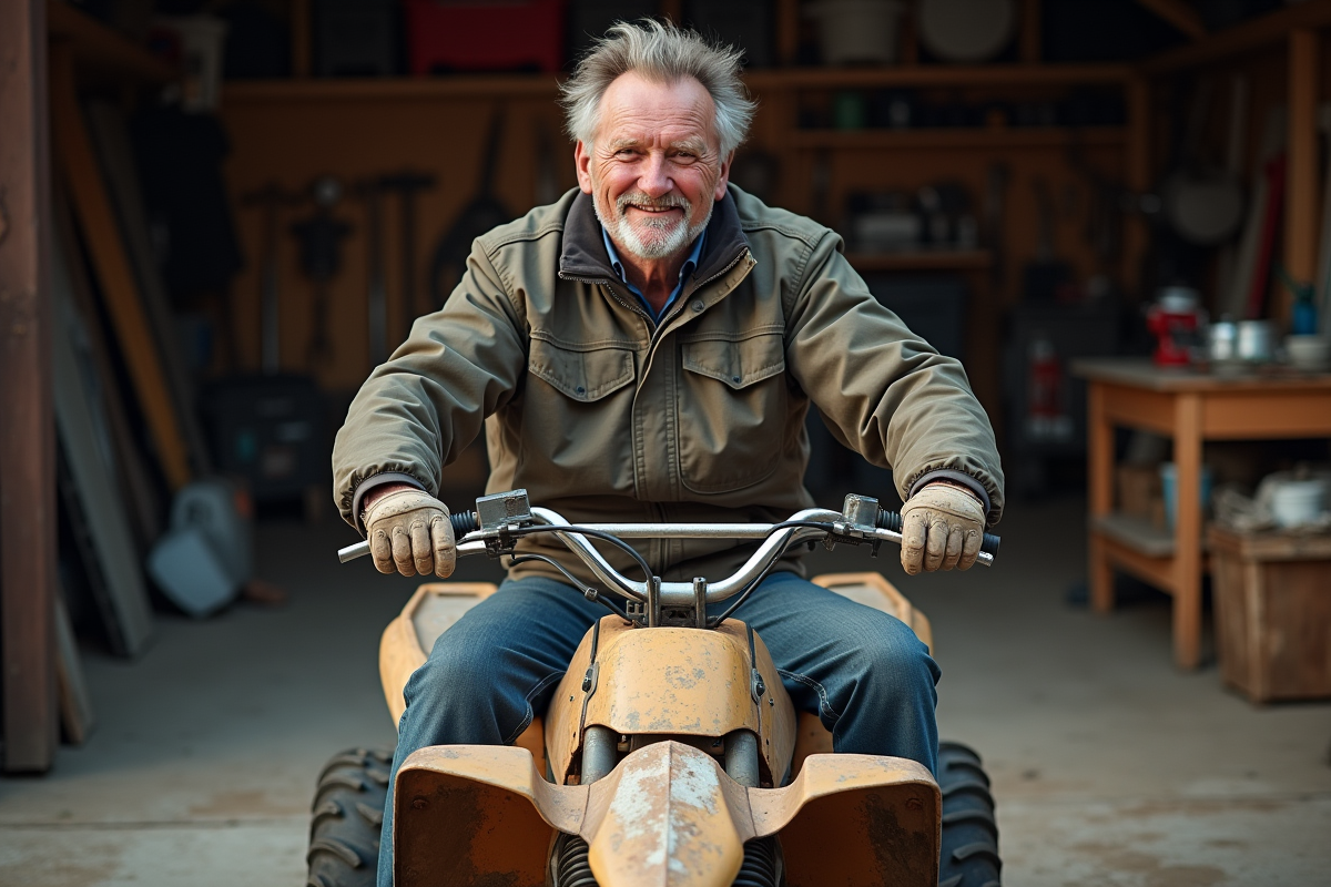 Rider expérimenté sur son quad vintage dans un atelier