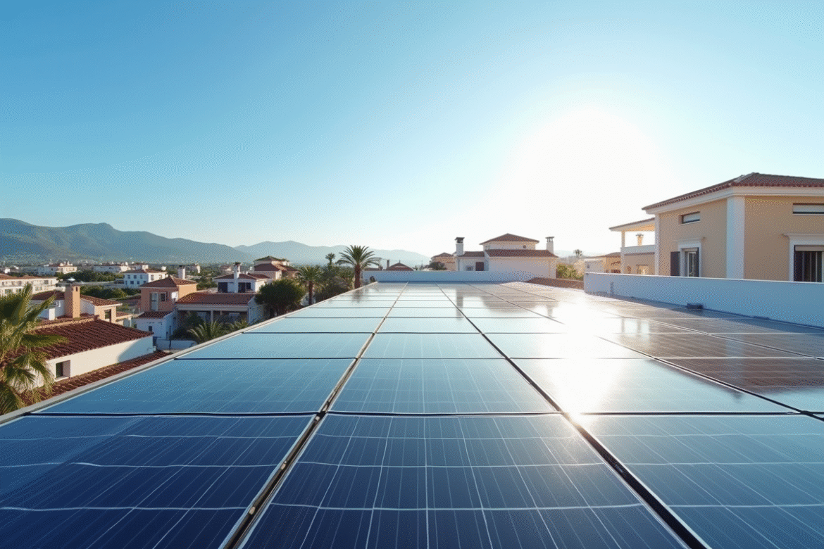 Rooftop moderne avec panneaux solaires sous un ciel bleu en ville