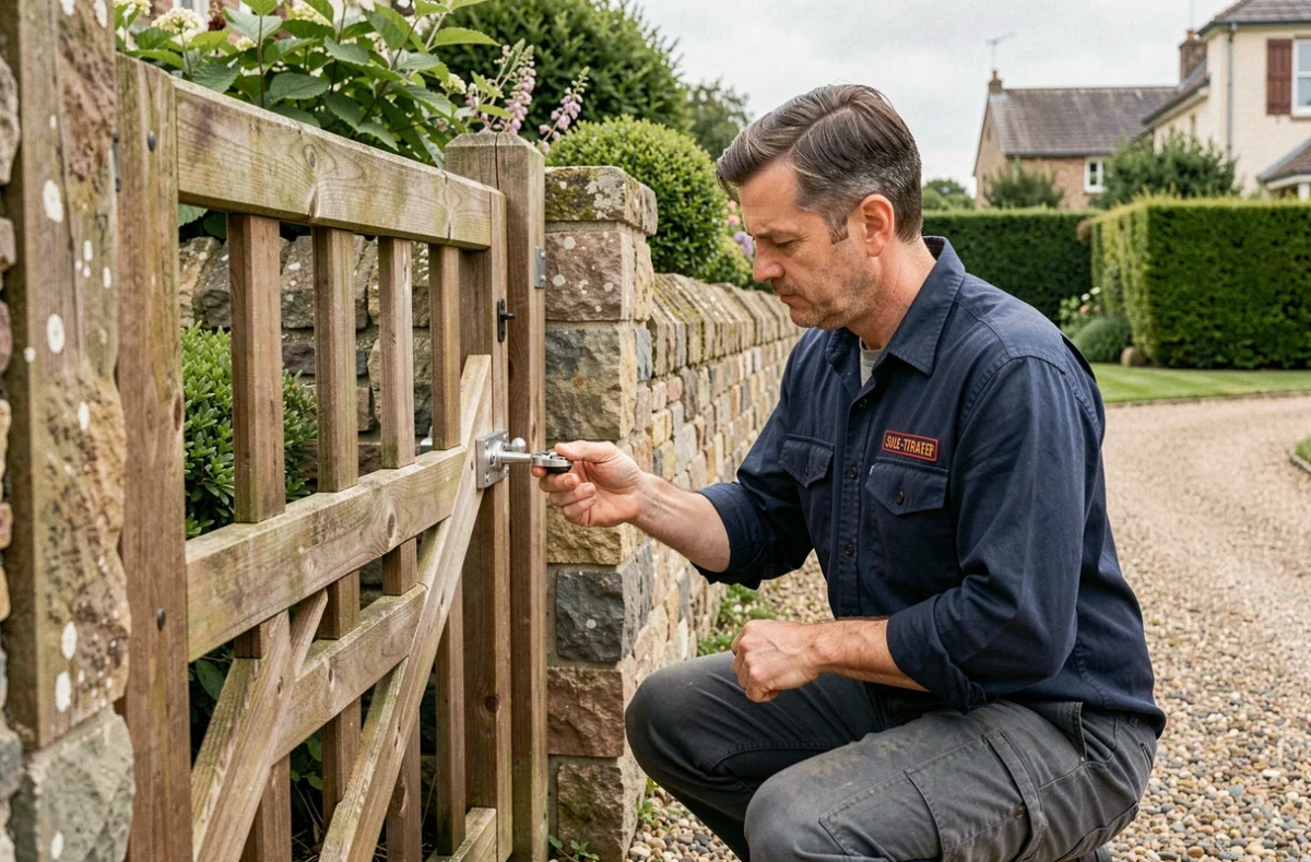 Serrurier indépendant Ropers David remplaçant une serrure de portail en bois dans un jardin résidentiel breton