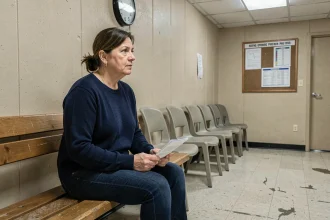 Femme attendant dans la salle d'attente d'un parloir de prison avec un document et une horloge murale