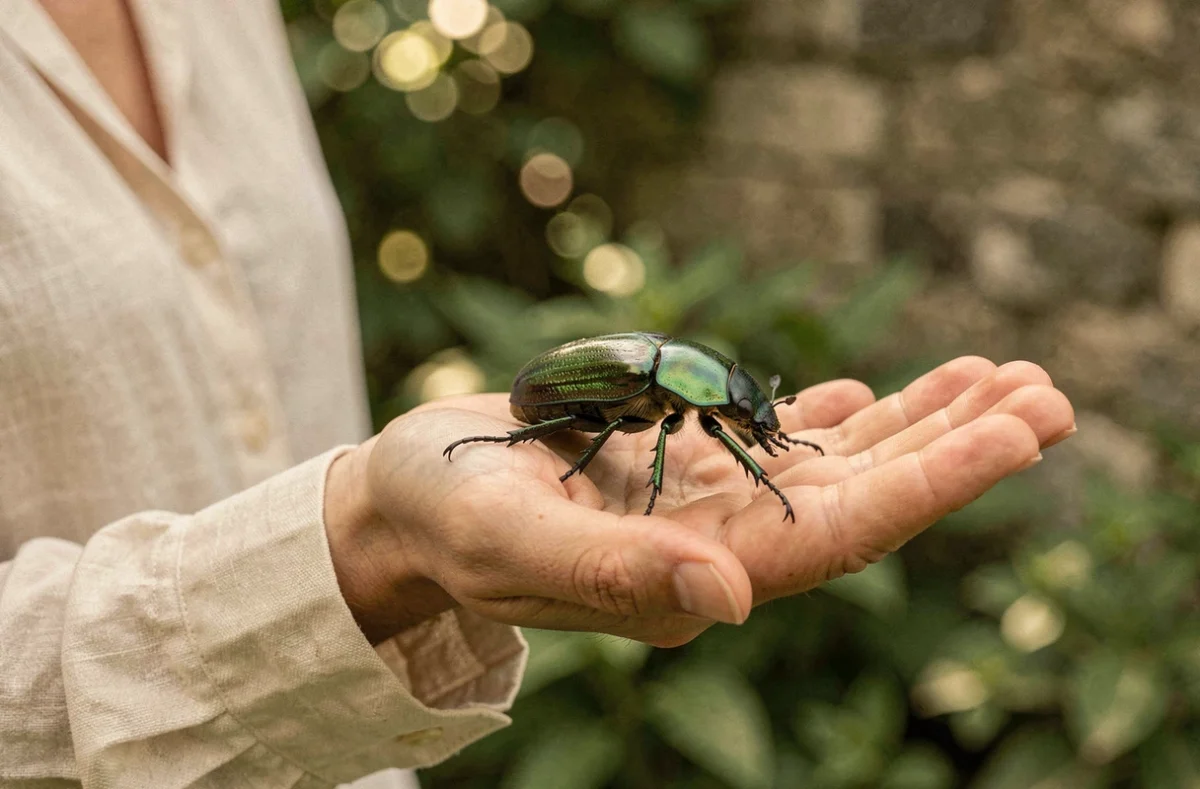 Scarabée vert iridescent posé sur la paume d'une femme dans un jardin, symbolisant la signification spirituelle de cet insecte
