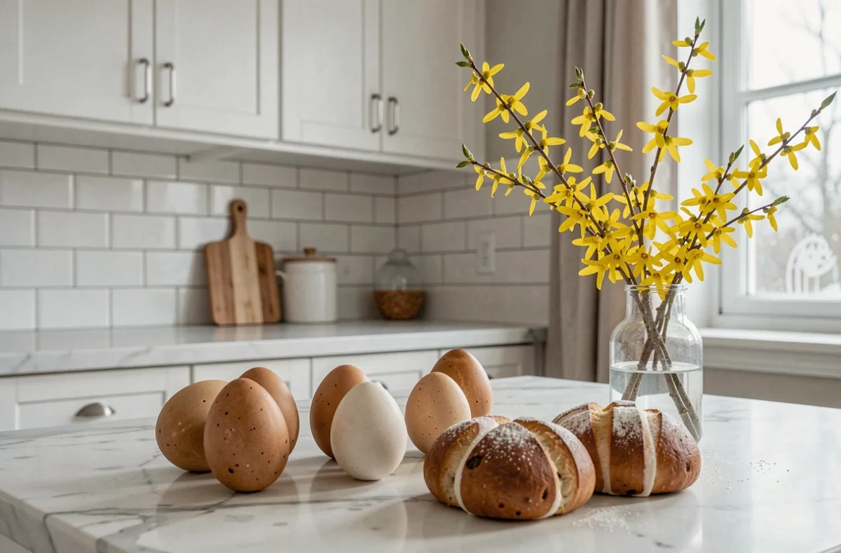 Scène de Pâques intérieure dans une cuisine scandinave avec œufs en céramique, brioches et branches de forsythia